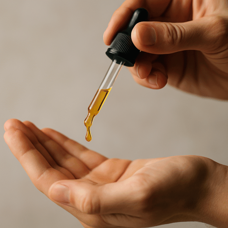 One hand holding a dropper of CBD oil, Dropping a drop into another hand