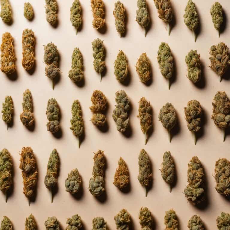 A light wood table with many weed strain sitting on top all evenly spaced out