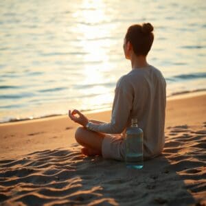A lady meditating on the beach