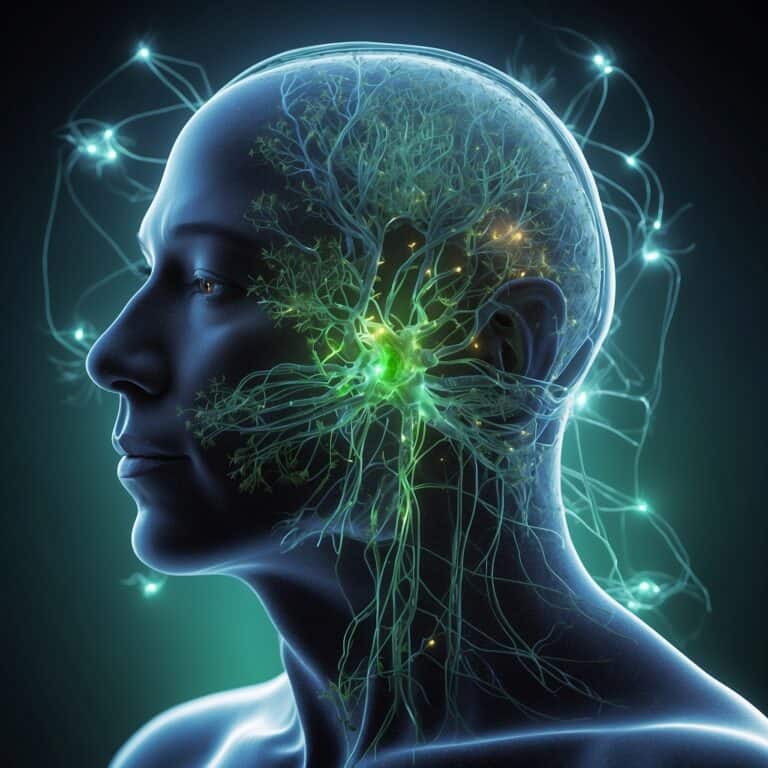 A human body from shoulder up showing neural pathways firing from the inside of the head outwards