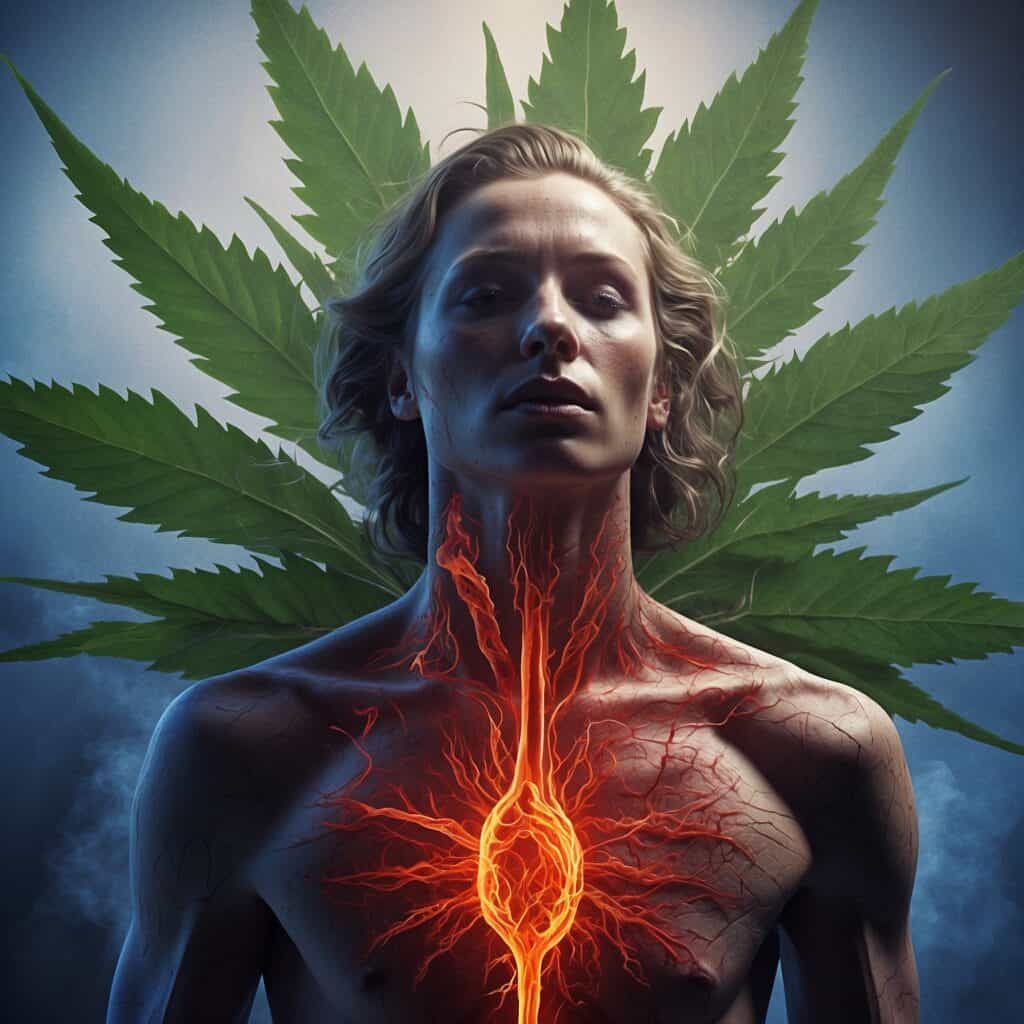 A man standing with red inflammation spreading from his heart to the rest of his body with a giant weed leaf behind him