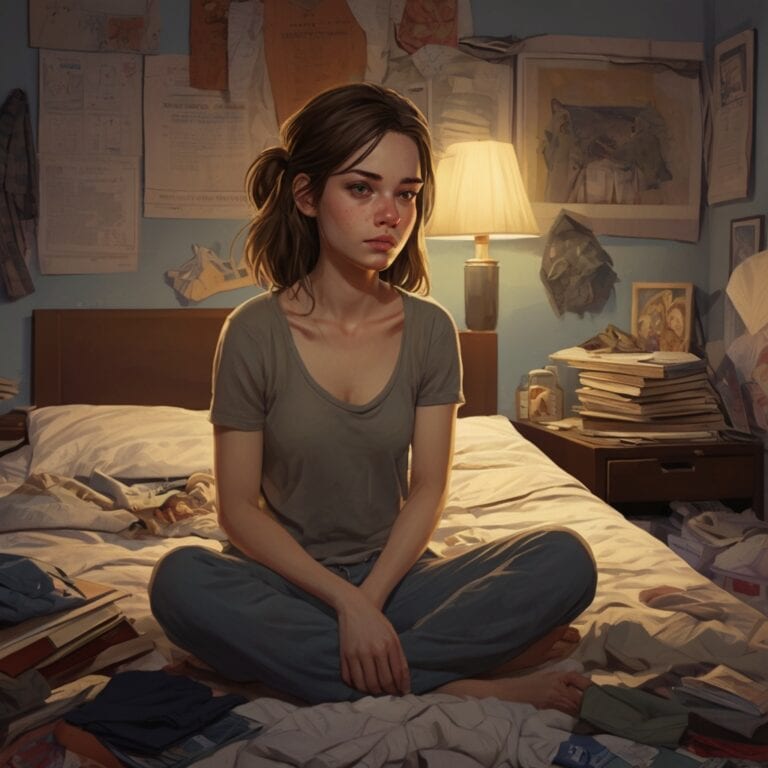 A girl sitting on her messy bed, struggling to sleep