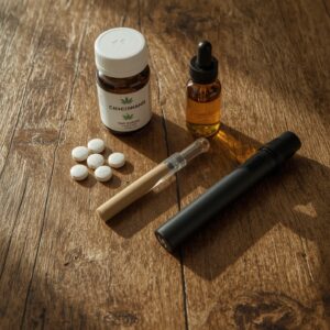 Cannabis pills, oil, joint and vape all on a wooden table