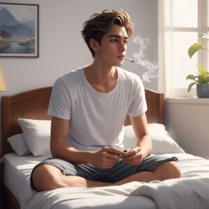 Young man smoking in his bed 