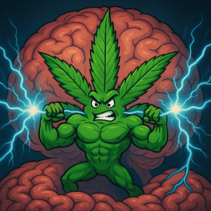 A cannabis leaf pulling together two neural pathways in the brain