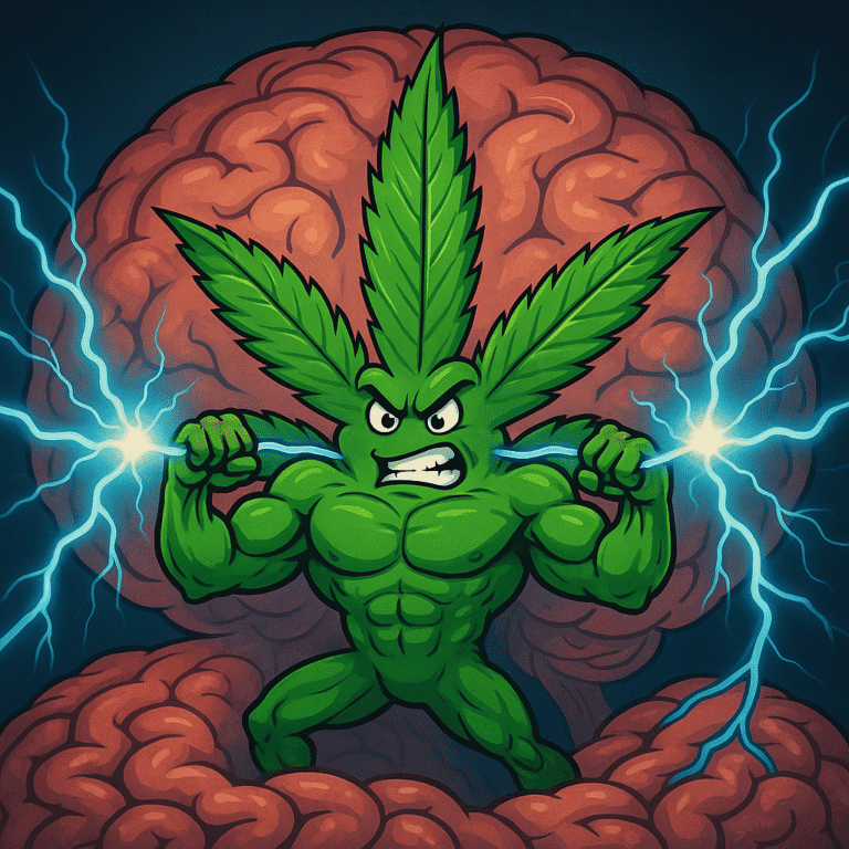 A cannabis leaf pulling together two neural pathways in the brain