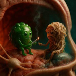 A THC molecule sharing a joint with a neurotransmitter