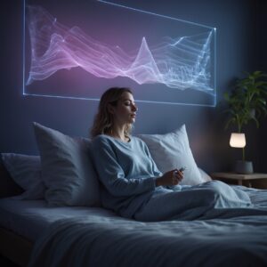 A woman in a white bed recording her sleep quality on her phone.