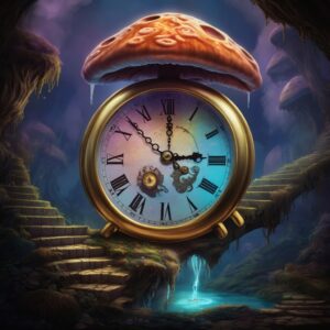 A giant clock in a tree that's got a giant mushroom growing on top of it