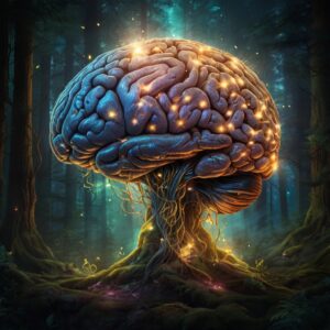 A tree in a forest that has grown into the shape of a brain