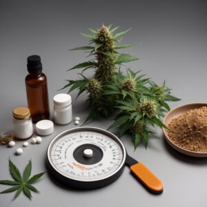 A image of cannabis flower, a roman scale and other pharmaceutical drugs that help with sports recovery sitting on a table together.