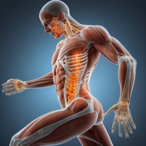 A xray shot of human male in peak performance. All their muscles are showing.