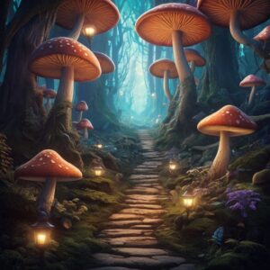 A forest of magical mushrooms with a path in the middle
