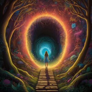 Alice in wonderland standing between two pathways. One is pretty and colorful and the other is dark and scary