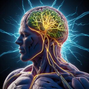 A human being with neurons firing from the body into the brain. electricity background