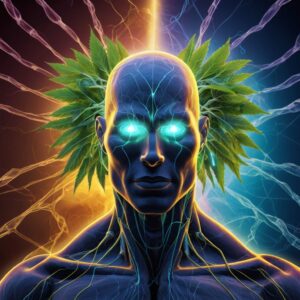 A surreal image of cannabis Leafs behind a supernatural blue human being