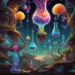 Tonnes of colorful science beakers hanging from trees, a little trippy