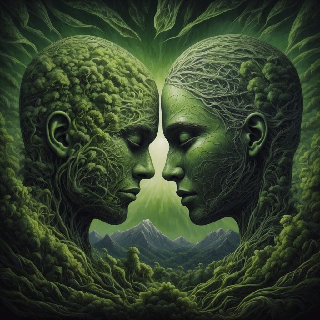 Two Cannabis humanoids putting their brains together