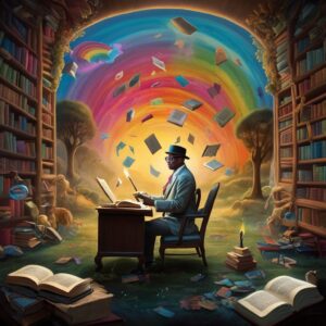 A famous musicians sitting in a psychedelic library
