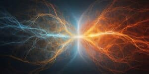 Two brain waves connecting, neurology firing, blue and red colors