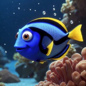 A blue and yellow stripped fish in the coral reefs