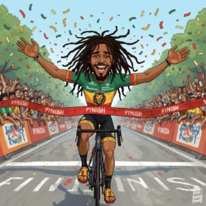 A Rastafarian professional cyclist winning a race.