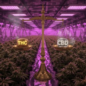 A cannabis scale weighing out CBD vs THC