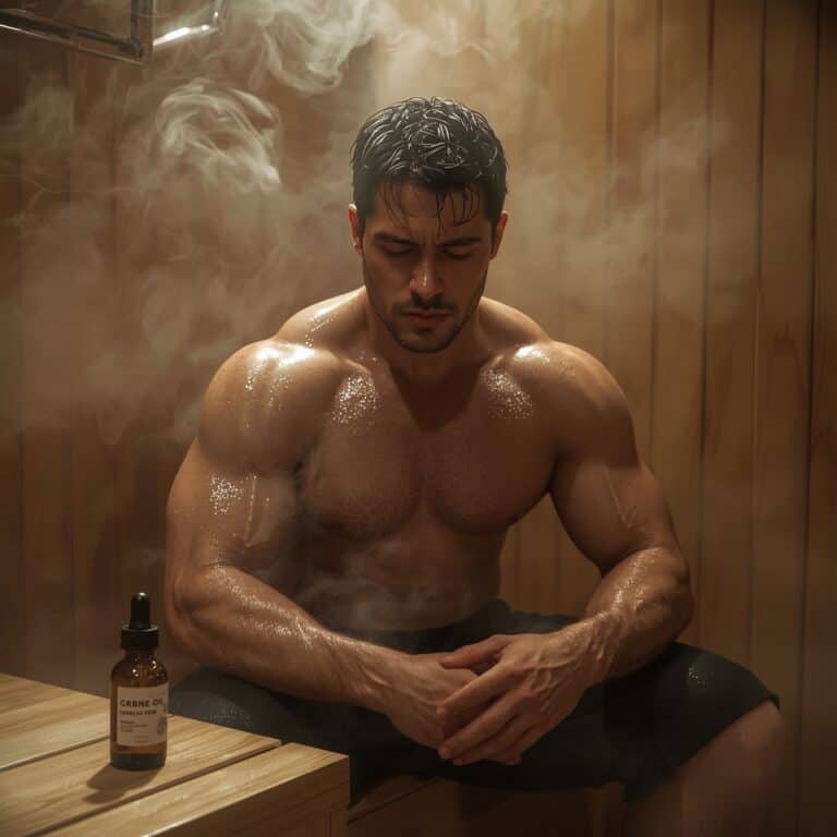A weightlifter sitting in the steam room at a gym with a bottle of cannabis oil next to him