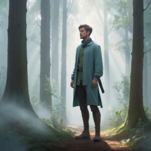 A man standing in the woods breathing