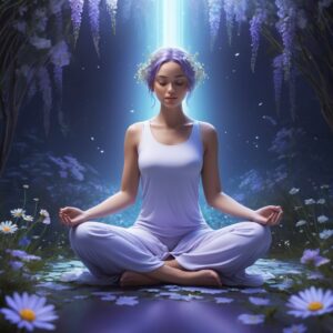 A health woman wearing white and meditating around lavender and chamomile plants