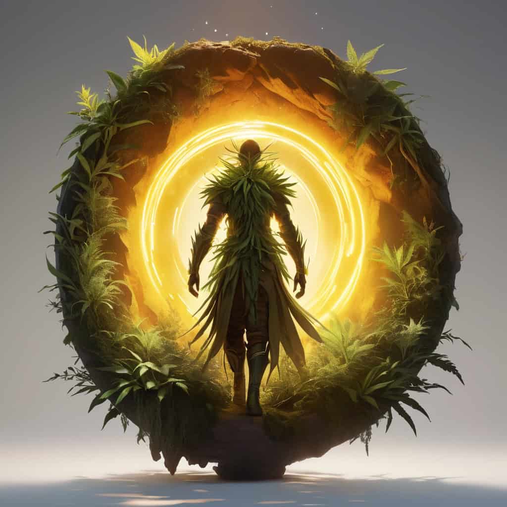 A herbal man walking into an herbal portal of healing