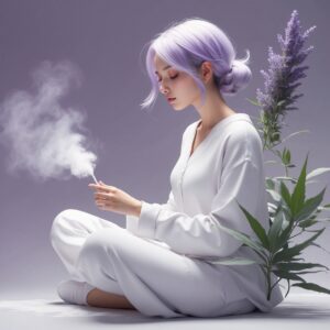 A asian lady holding a diffuser and she is leaning on a lavender plant