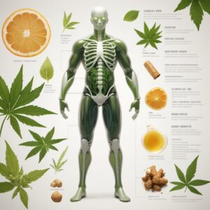 A x-ray photo of a human being with green muscles & skeleton showing surrounded by healing herbs and plants