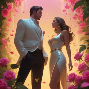 Two lovers standing in a circle of pink roses