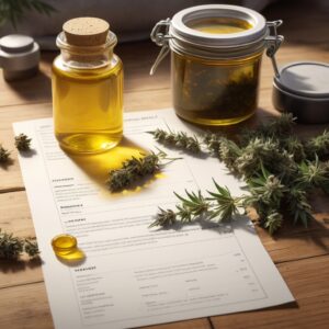 A page of research with cannabis and other heling plants around it