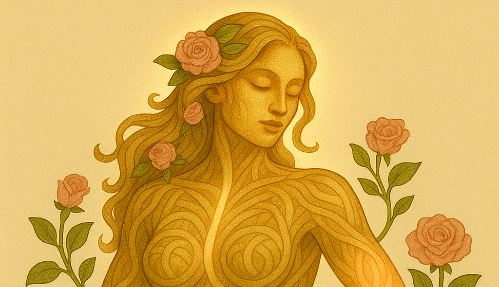 A golden 420 Herbalist vine character, she is perfect image of beauty with blooming flowers around her