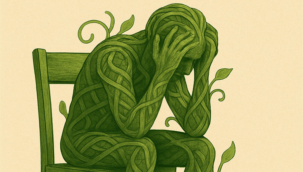 420 Herbalists vine character for anxiety 420 Herbalists cannabis vine character sitting on a chair, head in hands looking down anxiously