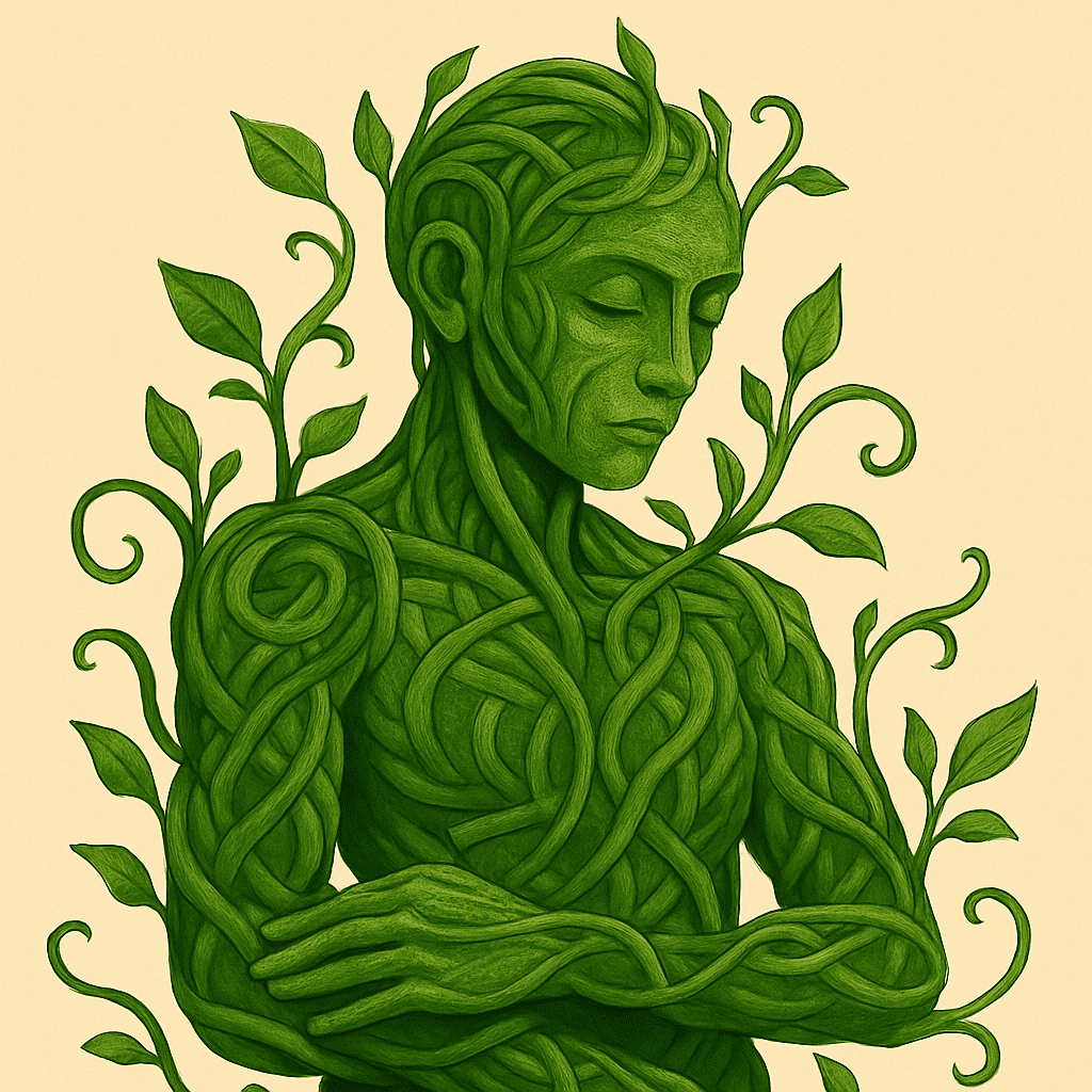 420 Herbalists Cannabis human character man from green vines looking down and distinguished