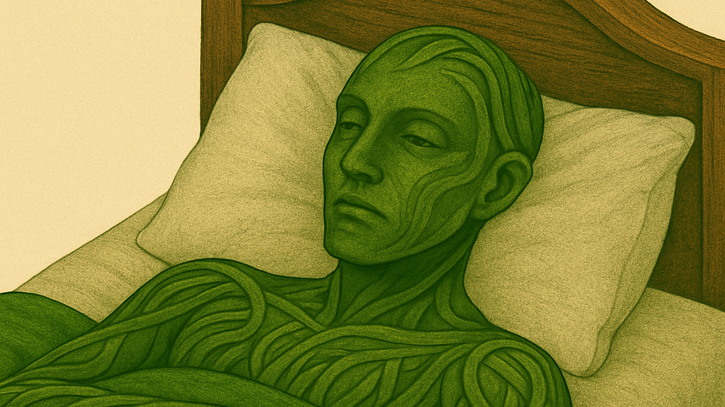 A 420 Herbalist vine character sleeping in bed