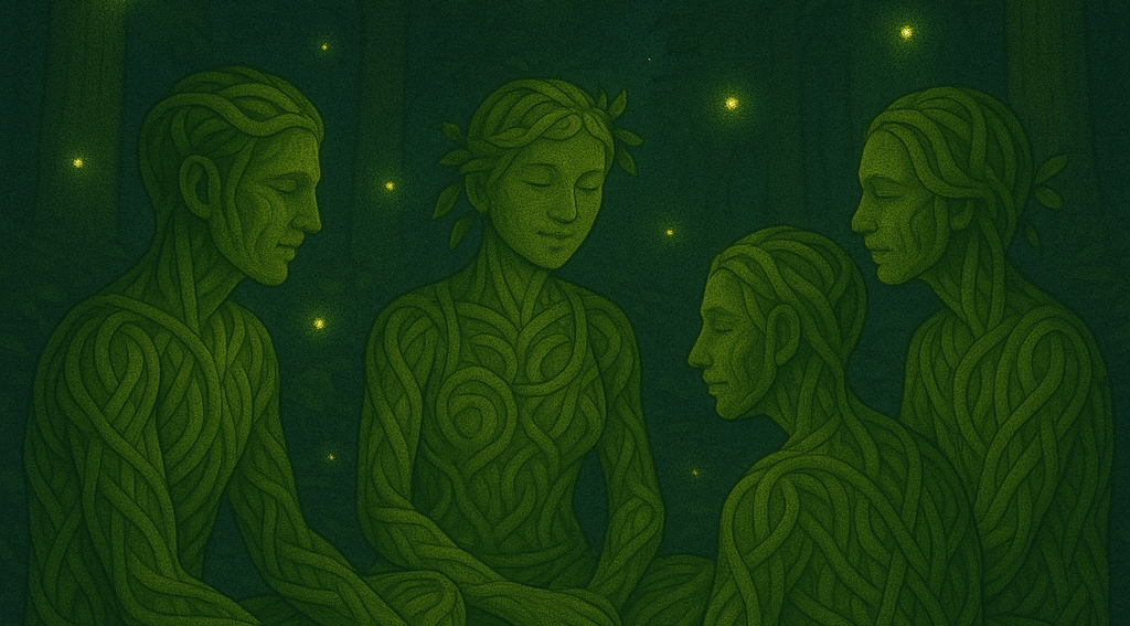 Social and creative 420 Herbalist vine characters talking in the woods in a circle with fireflies around them