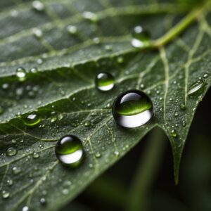 A highly detailed image of a water droplet falling off a cannabis leaf