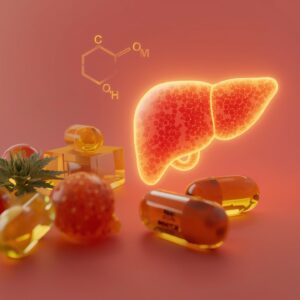 A few cannabis edibles in the front view and then a glowing liver in the background.