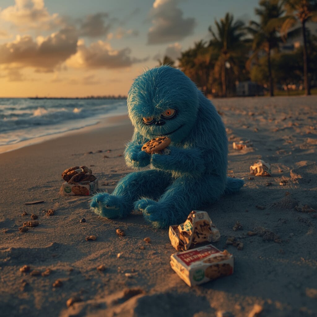 The cookie Monster eating a cookie on the beach