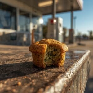 A dagga muffin half eaten sitting on a table at a gas station