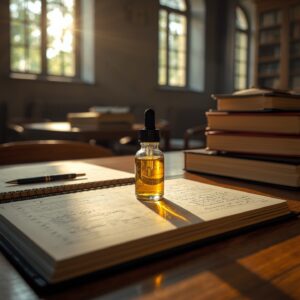 A bottle of THC/CBD sitting on top a book in the library