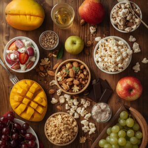 A harvest table of food