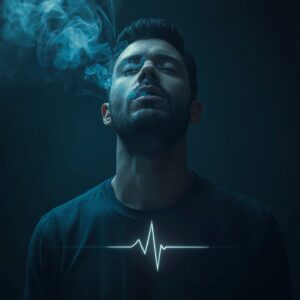 A man blowing out cannabis smoke in a dark setting with a heart rate reading on his chest