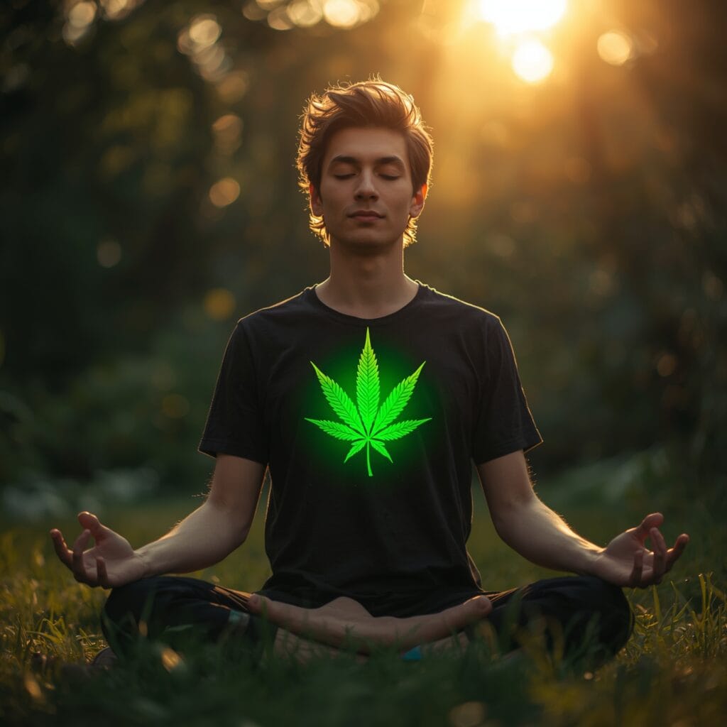 A man meditating in a field with a giant lumo cannabis leaf on his heart