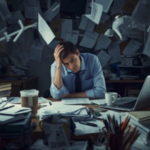 A man sitting at a cluttered and chaotic office desk