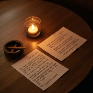 Two love letters sitting on a table in candlelight